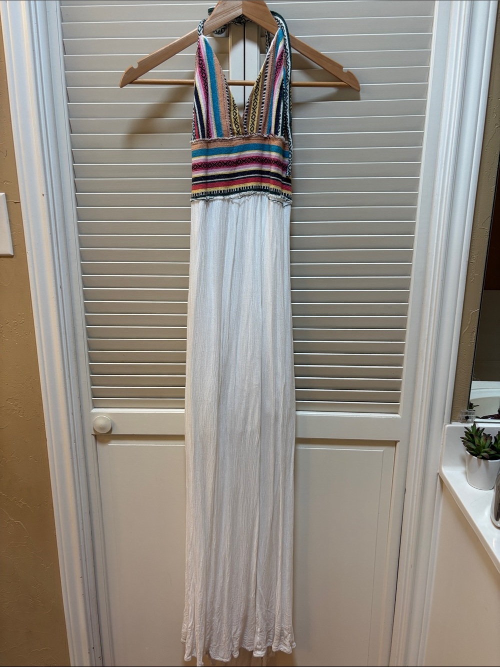 Elan White Maxi Dress with Multicolor Striped Halter Bodice